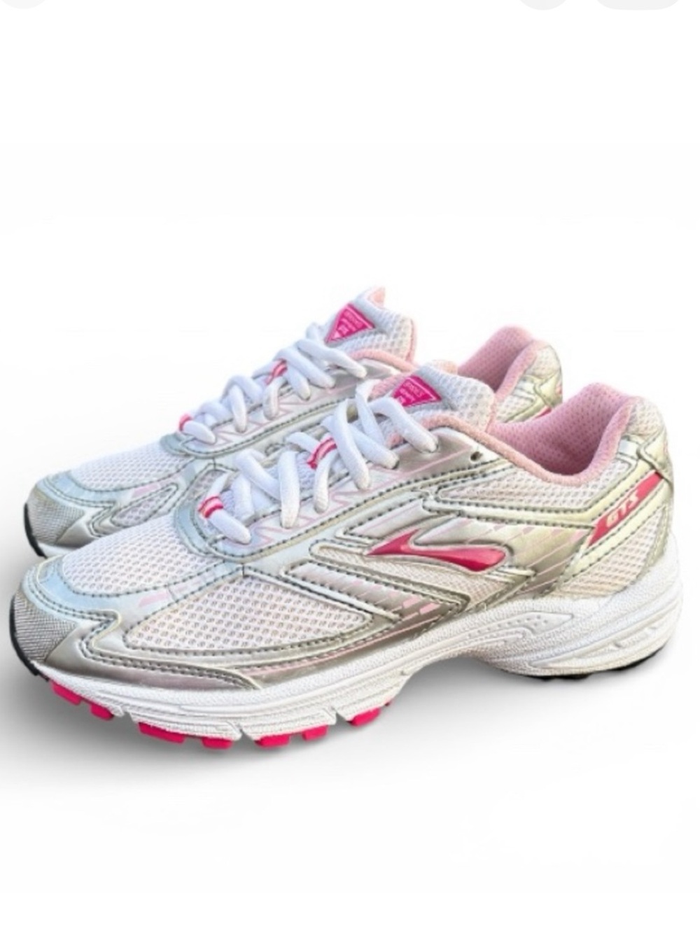 Brooks Adrenaline GTS Girls Running Shoes White Pink Silver Size 2.5 Youth